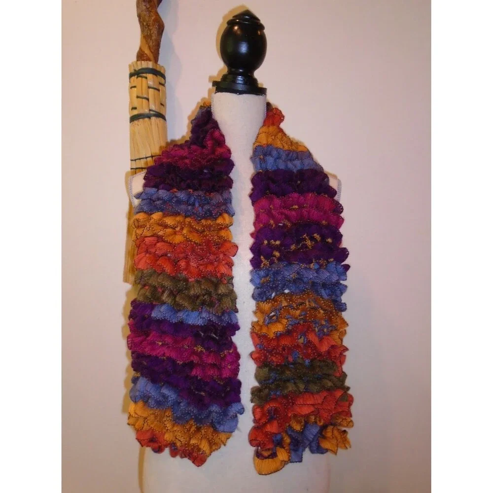 Hand Knit Ruffle Scarf, Colorful Party Accessory